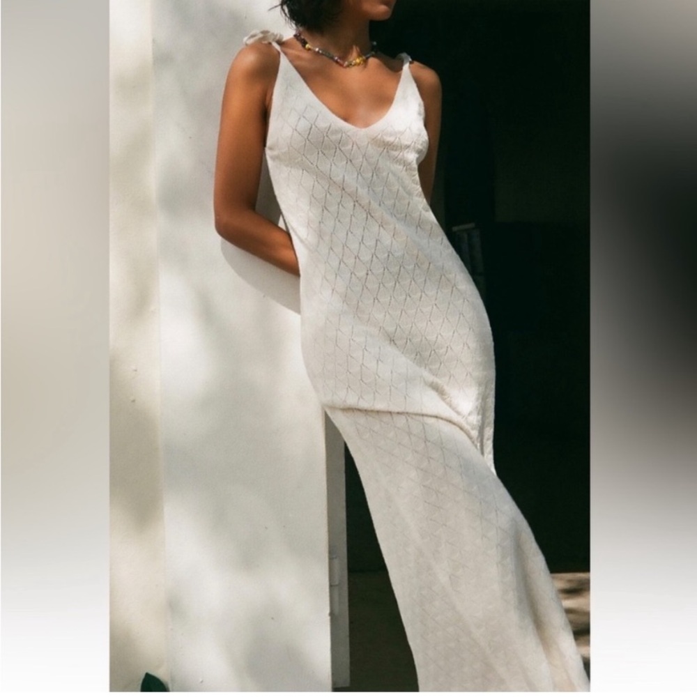 Zara Pointelle Ivory Cotton Blend Knit Slip Midi Maxi Dress Bloggers Mango NWT M